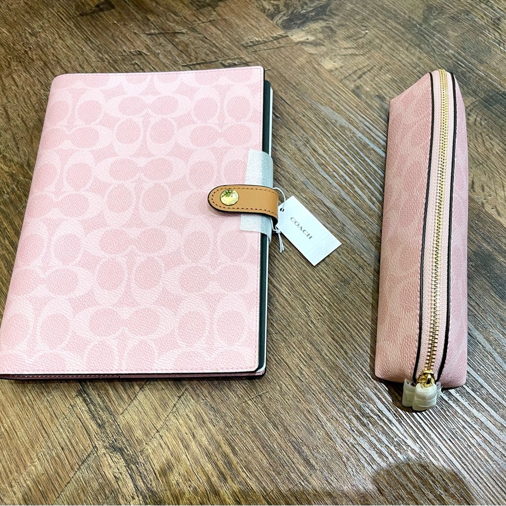 NWT Coach Notebook In Signature Canvas Gold/Powder Pink CEA49+pencil case CEA52